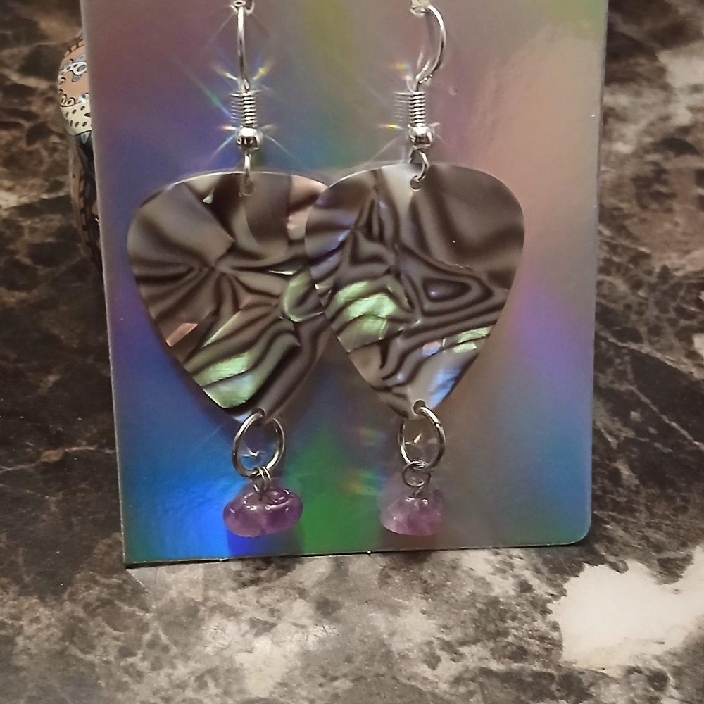 Handmade Iridescent Heart Dangle Earrings in Purple
